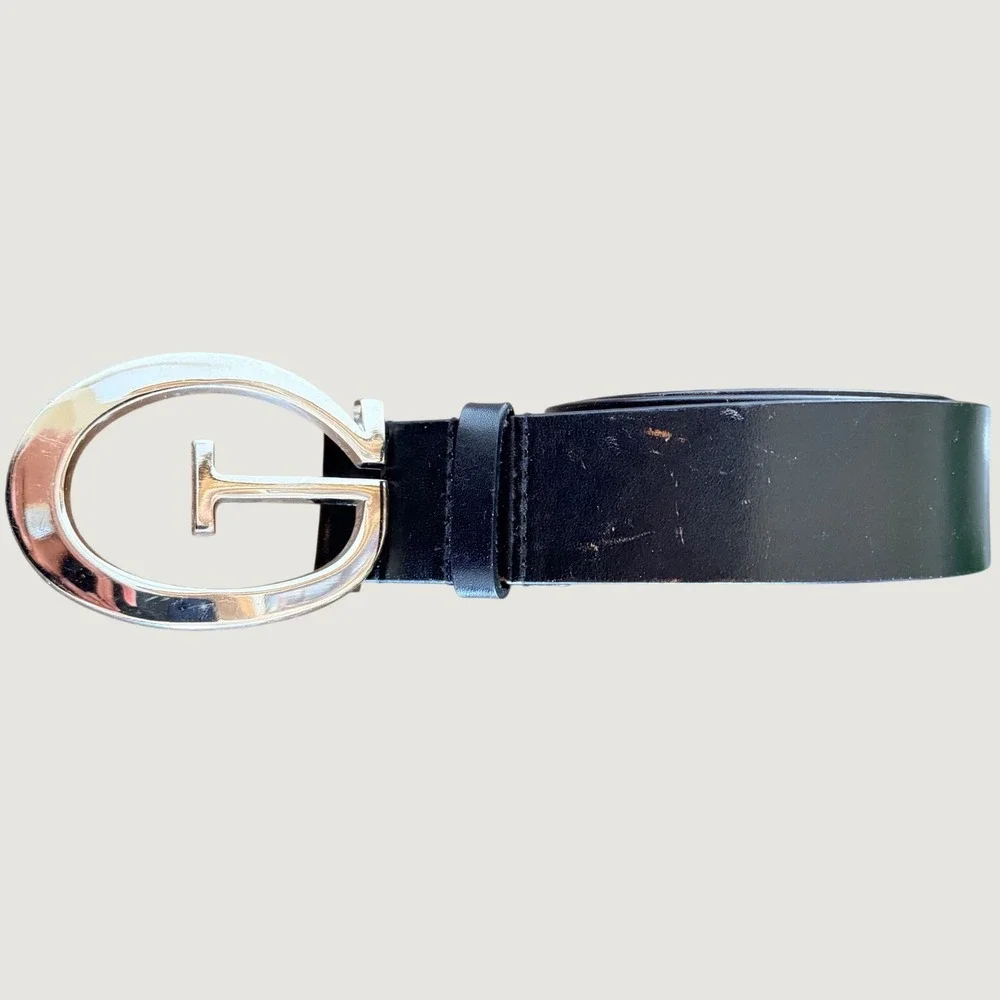 Guess Leather Belt Men XL Black Silver G Logo Buckle Leather